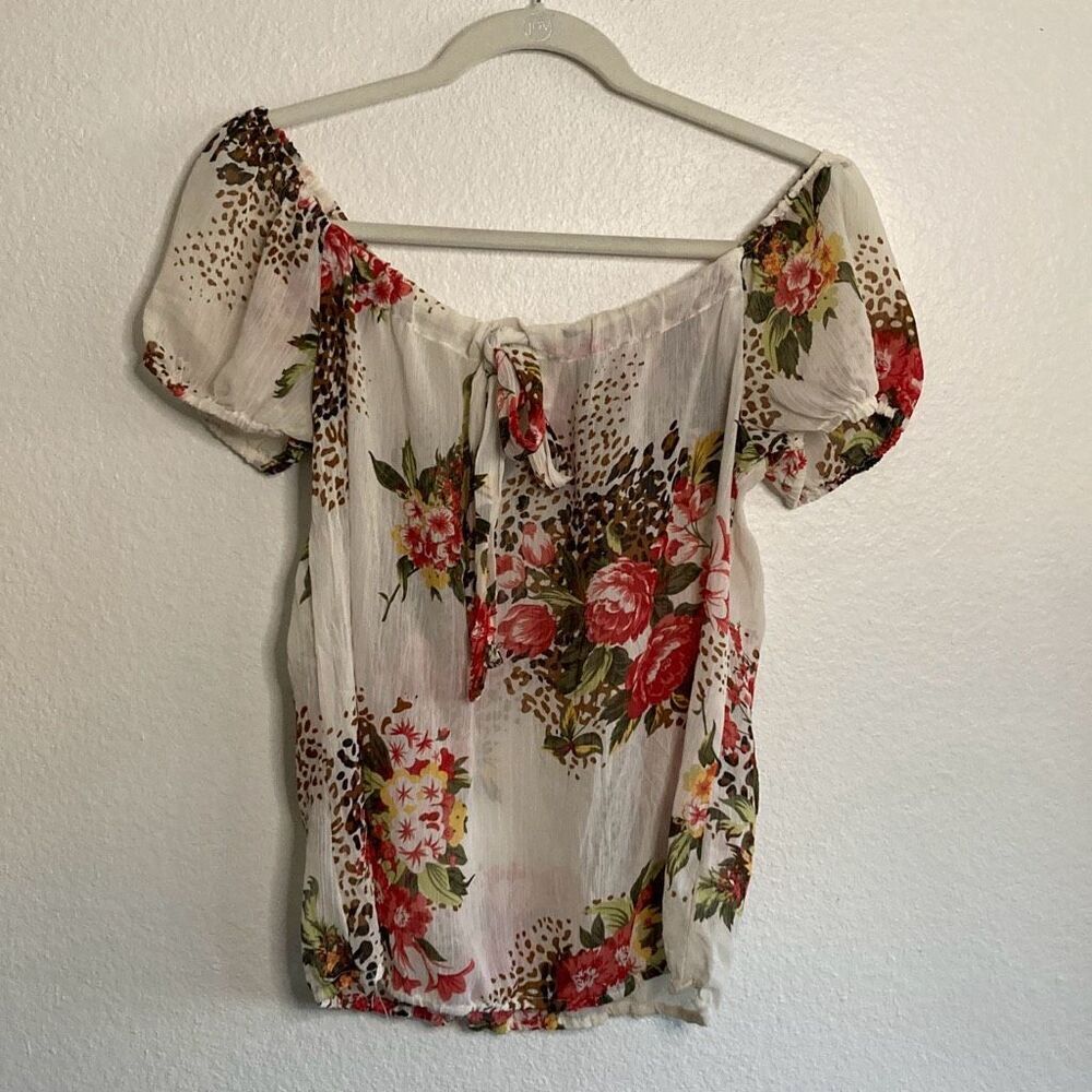 Xhilaration Floral Leopard Print Peasant Blouse Tie Front Small